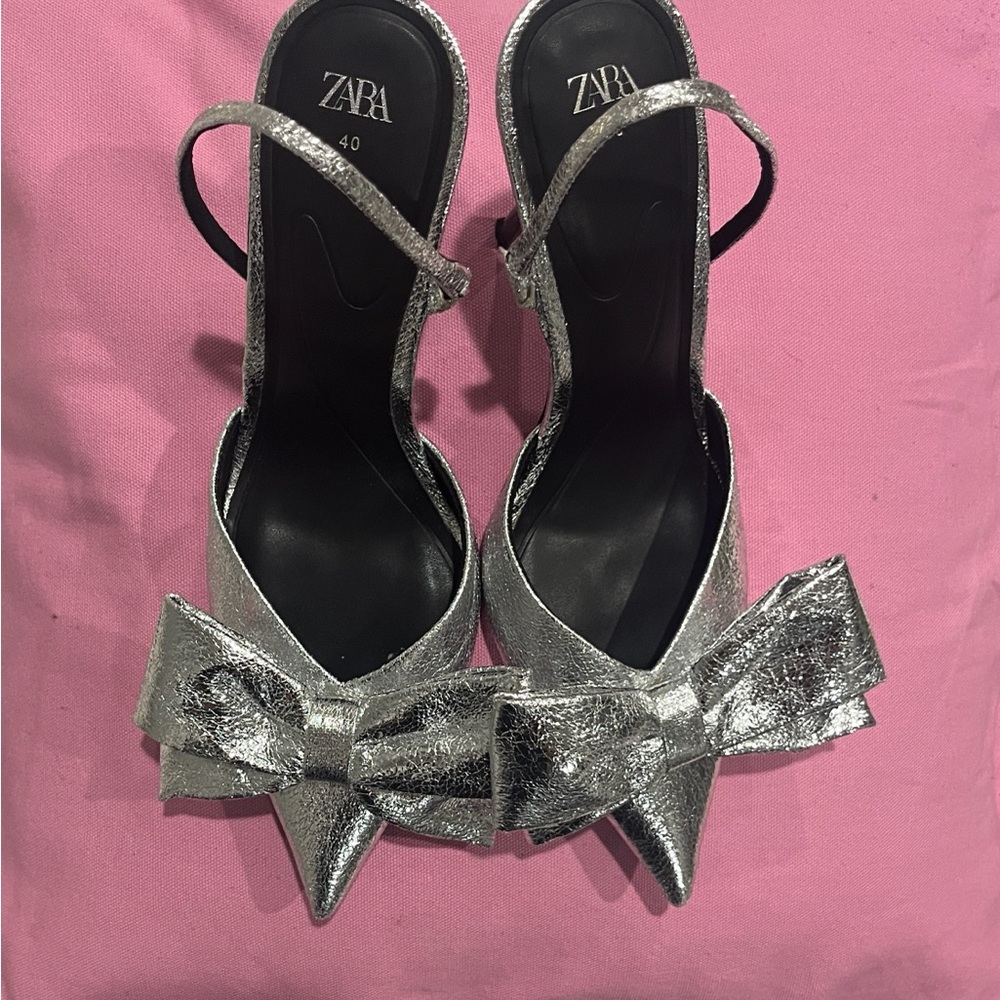 Zara Metallic Silver Heels with Bow